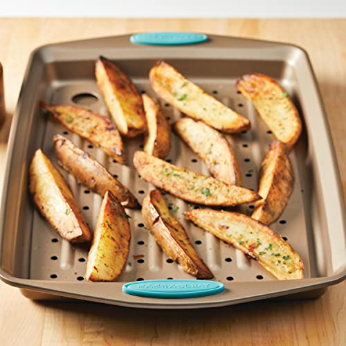 Rachael-Ray-Cucina-Nonstick-Bakeware-Set-with-Grips-Nonstick-Cookie-Sheet-Baking-Sheet-and-Crisper-Pan-2-Piece-Latte-Brown-with-Agave-Blue-Handle-Grips Rachael Ray Cucina Nonstick Bakeware Set with Grips Nonstick Cookie Sheet Baking Sheet and Crisper Pan 2 Piece Latte Brown with Agave Blue Handle Grips
