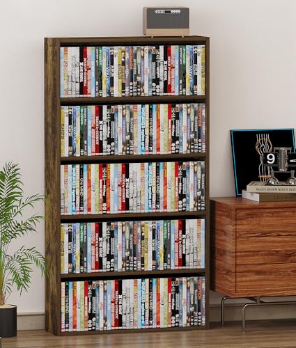 VPSMAT 5 Tier DVD Storage Shelf Media Storage Tower for CDs & Video Games Freestanding Organizer Shelf for Living Room Home Office Holds 200+ DVDs(Amber Pine)