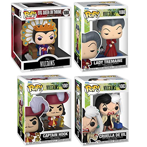 Funko Pop! Disney: Villains Collectors Set - 4 Figure Set: Evil Queen On Throne (Deluxe), Captain Hook, Cruella De Vil, & Lady Tremaine #TOP1