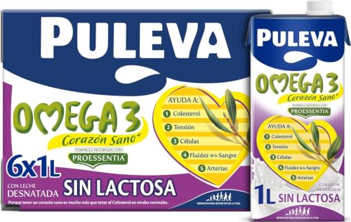 Puleva Omega 3 Proessentia® Sin Lactosa brik 1L - Caja 6 litros | Leche con Omega 3 sin lactosa, ayuda al funcionamiento normal del corazón. Enriquecida con vitaminas A, D y E. Pack 6x1L.
