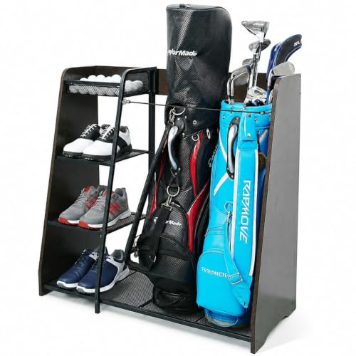 Golf Bag Storage Organizer for Garage Holds 2 Golf Bags | Wooden Rack, Easy Assembly, Golf Club Stand, Ball Storage Basket, Shoe Rack, Simulator Room, Home and Office