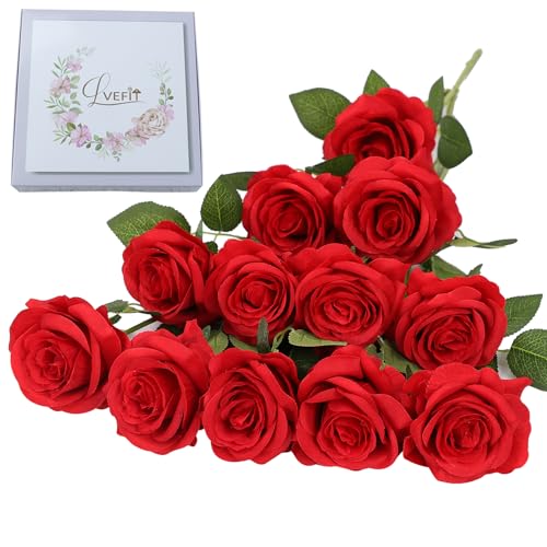 LVEFIT Artificial Rose Flower Red Flowers Red Rose Flowers Silk Flowers 12 pcs with Long Stem Silk Roses Bouquet for Wedding Bridal Shower Party Home Decoration