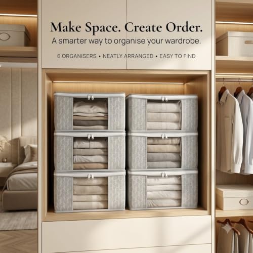 Image of BSB HOME Non-Woven Saree Cover and Clothes Storage Organizer with Transparent Window & Zipper Closure, Foldable Wardrobe Storage Bag for Sarees, Suits and Garments, 45 x 33 x 22 cm (Pack of 6, Grey)