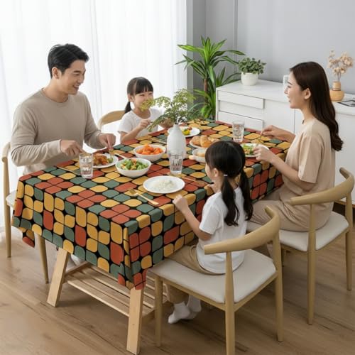 Image of DARSHANAM WORLD Mid-Century Modern Geometric 4 Seater Tablecloth - Waterproof & Spill-Proof Fabric, Abstract Pattern Design, Washable Decorative Table Cover for Dining Room, Kitchen. (Rubic Cube)
