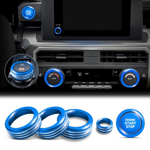 Image of for Toyota Tacoma 2024-2026 & 4Runner 2025-2026, 8-Inch Screen Aluminum Alloy Knob Cover Trim - Fits Push Start, AC, Volume & 4WD Gear Switch (Blue, 6-Piece Set)