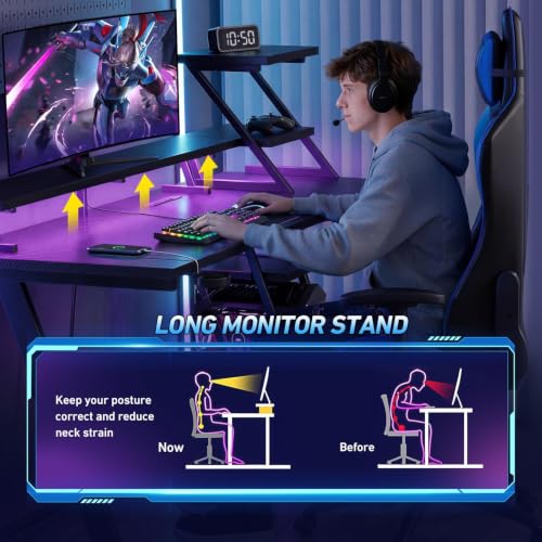 Image of Korfile 55 Inch Gaming Desk with Power Outlet, LED, Monitor Stand, Black
