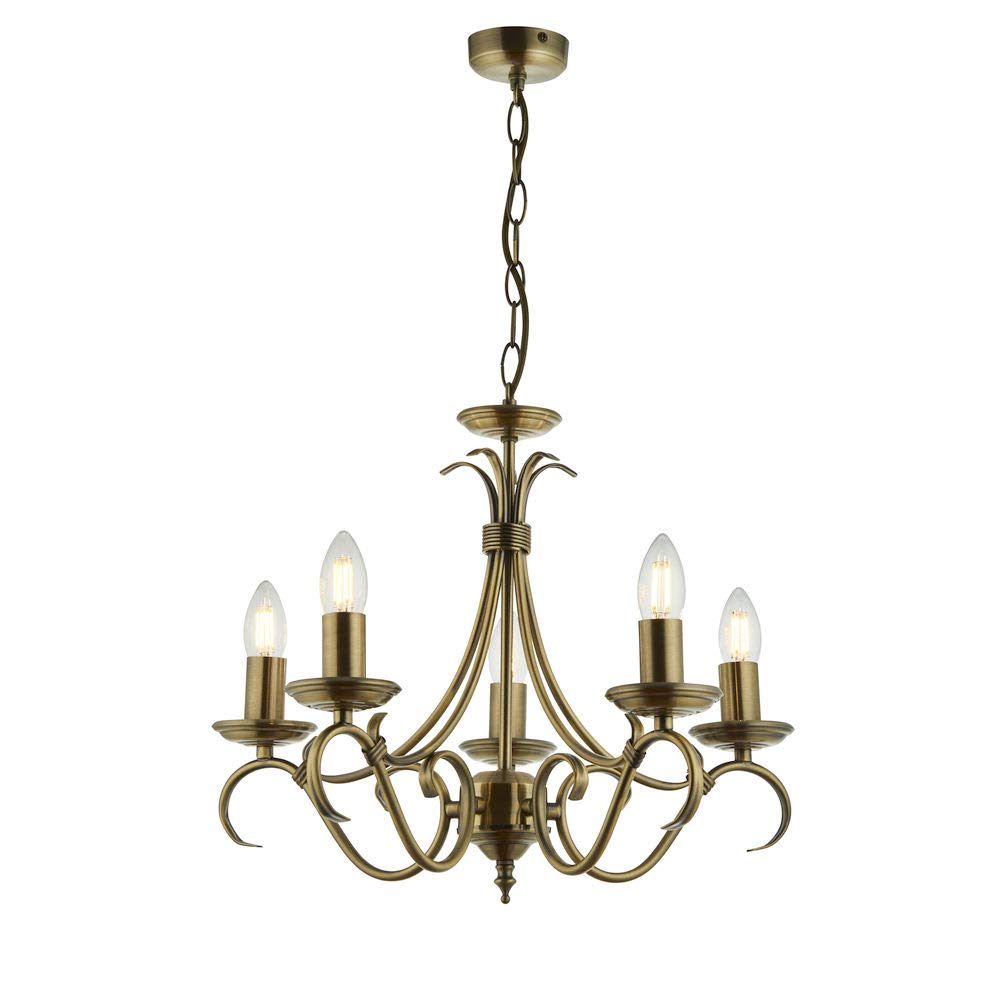 Betta Lighting Antique Brass 5 Light E14 Candle Semi Flush Dimmable Ceiling Light