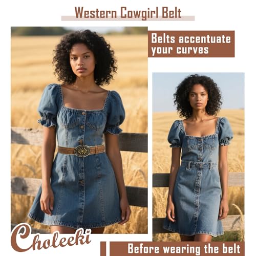 Western Cowgirls Belt for Women Brown Leather Belts for Jeans Pants Dresses Men Country Belt with Vintage Buckle2