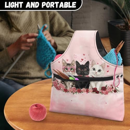 Image of KUIFORTI Kitten Knitting Yarn Bag Valentines Day Rose Crochet Bags for Women Knitting Needles, Yarns and Unfinshed Project, Crochet Hook Organizer Holiday Decoration