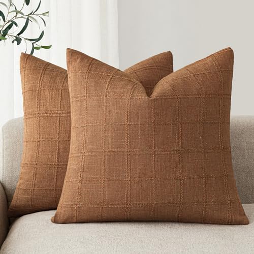 Image of Foindtower Set of 2 Decorative Linen Check Throw Pillow Covers Neutral Farmhouse Vintage Cushion Covers Modern Boho Home Decor for Sofa Chair Couch Bedroom Living Room,24x24 Inch,Orange