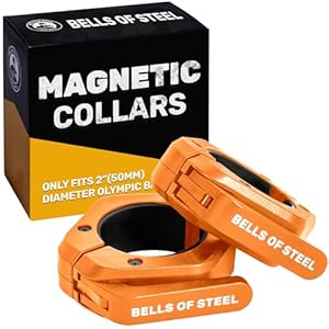 Magnetic Barbell Collars [Bells of Steel] Premium Weight Bar Clamps, Quick Release Barbell Clips, Olympic Barbell Clamps, Rubberized Gym Clips for Weightlifting Bar, Pair, Orange