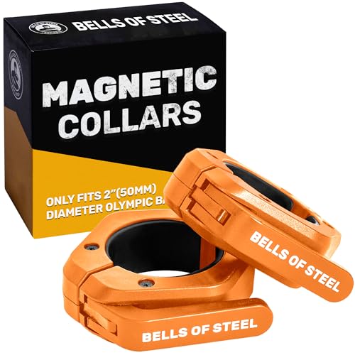 Magnetic Barbell Collars [Bells of Steel] Premium Weight Bar Clamps, Quick Release Barbell Clips, Olympic Barbell Clamps, Rubberized Gym Clips for Weightlifting Bar, Pair, Orange