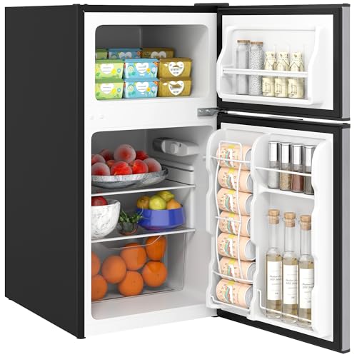 HOMCOM 3.2 Cu.Ft Mini Fridge with Freezer, Double Door Compact Refrigerator with Adjustable Thermostat, Shelf and Reversible Door for Bedroom, Dorm, Home Office, Energy Efficient, Black