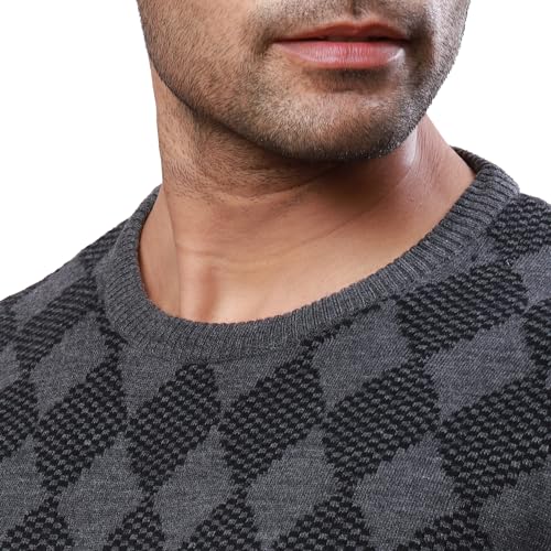 Image of Raymond Men's Regular Fit Acrylic Wool Blend Full Sleeve Round Neck Argyle Pattern Dark Grey Casual Sweater