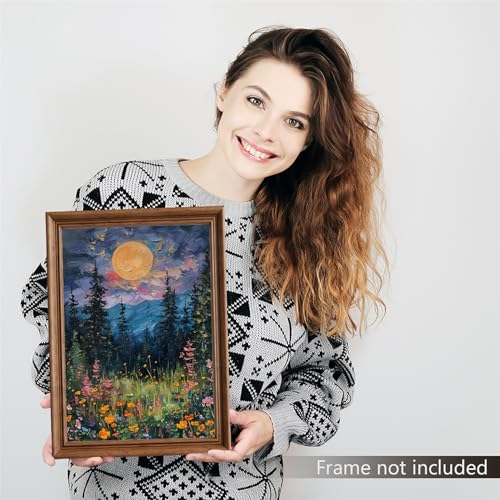 Yuaruo Vintage Full Moon Above The Wildflowers Canvas Wall Art, Mystical Midnight Woodland Art Print Poster, Retro Flowers And Trees Nature Oil Painting, Dark Forest Landscape 12X16In Unframed thumb #1