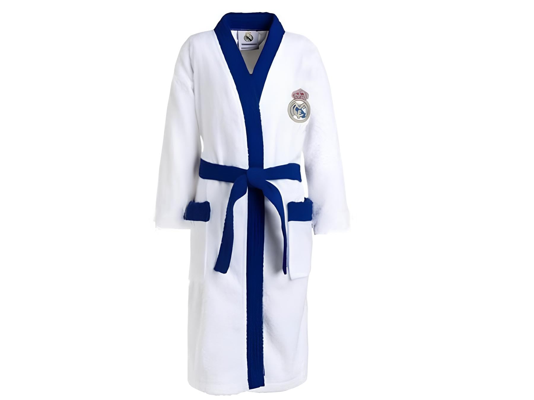 Real Madrid Albornoz Oficial, 100% Algodón, Blanco y Azul, Con Logotipo Bordado, 400g/m² Tallas Infantil y Adulto