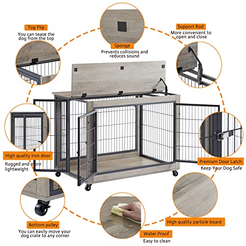 Dog-Crate-Furniture-Dog-Kennel-Side-Table-with-Double-Doors-Wooden-Dog-Kennel-Indoor-with-Wheels-and-Lift-Top-Grey-3858-W-x-252-D-x-2717-H Dog Crate Furniture Dog Kennel Side Table with Double Doors Wooden Dog Kennel Indoor with Wheels and Lift Top Grey 3858 W x 252 D x 2717 H