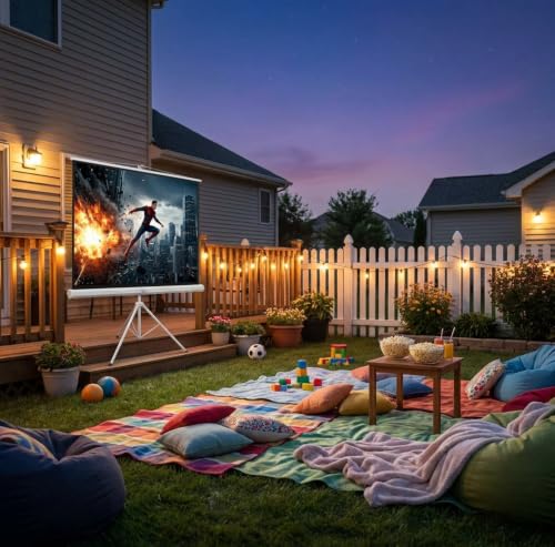 Image of TONZO 120 Inch Tripod Projector Screen with Stand 6ft(H)*8ft(W), 4:3 Ratio Projection Screen with Adjustable Stand, Indoor & Outdoor Wrinkle Free White Matte Fabric Projection Screen for Home & Office