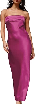 Realtix Satin Silk Backless Tube Tops Maxi Dress for Women Low Back Hollow Out Elegant Strapless Long Dresses Wedding Guest