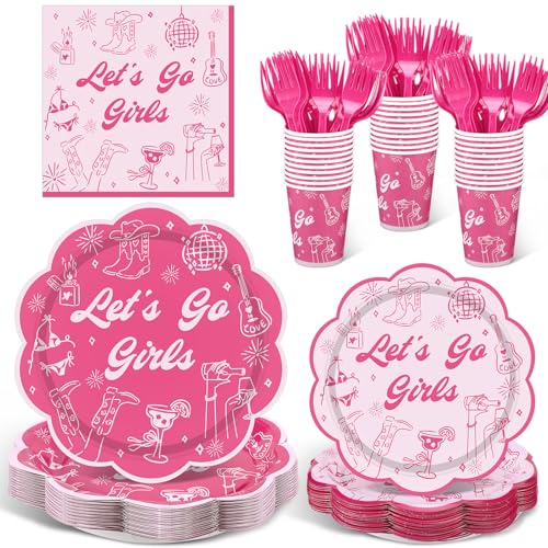 Zubebe 120 Pcs Camp Bachelorette Party Supplies Disposable Tableware Set Serves 24 Camping Themed Plates Cups Napkins for Bridal Shower and Last Trail Bachelorette(Lets Go Girl)