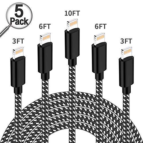 PLmuzsz iPhone Charger,MFi Certified Lightning Cable 5 Pack(3+3+6+6+10ft) Durable High-Speed Charger Nylon Braided