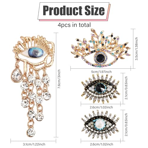 Image of 4Pcs Evil Eye Brooch Pin Crystal Rhinestones Brooch Vintage Lapel Pin Elegant Jewelry Pins for Women