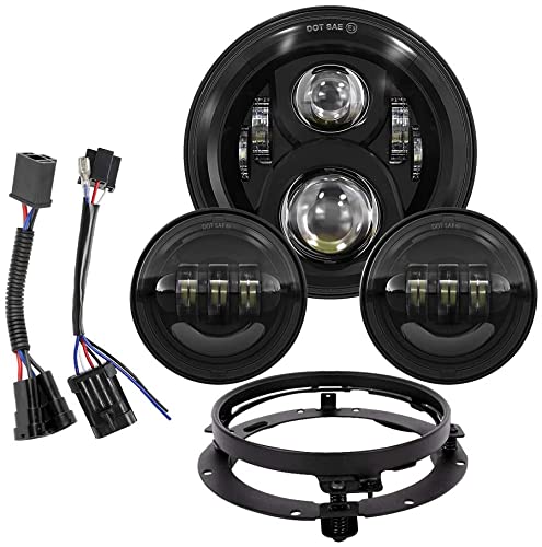 7 inch LED Headlight with 4.5 Inch Passing Lights Kit Ring Motorcycle Compatible with Harley Davidson Classic Street Glide Fat Boy Road King Heritage Softail (Black-set)