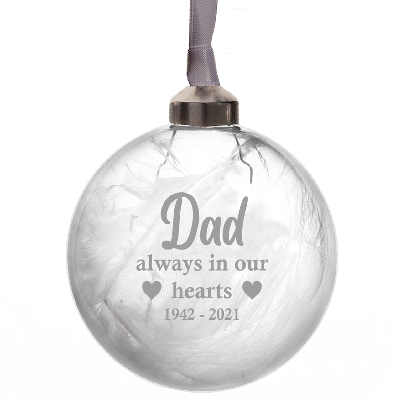 Always In Our Hearts Personalised Christmas Tree Memorial Decoration 8cm Glass Remembrance Bauble remember Any Name Mum Dad Nana Grandma Grandad Husband Wife In 11 Colours (Silver)
