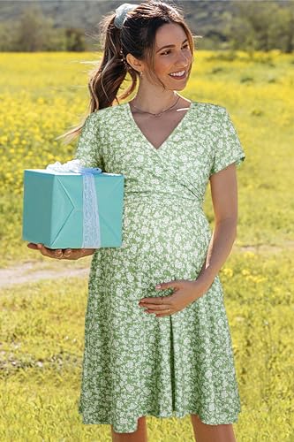 Image of OUGES Maternity Nursing Dress Breastfeeding Short Sleeve V Neck Casual Pregnancy Clothes with Pockets