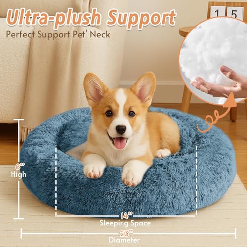 Image of JOLLYVOGUE Calming Dog Bed for Small Dogs - 23 inches Donut Washable Small Dog Bed for Kittens & Puppies, Anti-Slip Round Fluffy Plush Faux Fur Cat Beds (Fits up to 25 lbs Pets, Blue)