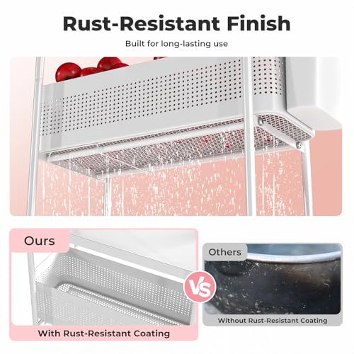 Levede 3-Tier Premium Metal Storage Trolley with Pull-Out Baskets, Narrow Rolling Cart on Wheels for Kitchen, Fruit & Vegetable Organizer, Multifunctional White Shelving Unit - Image 7