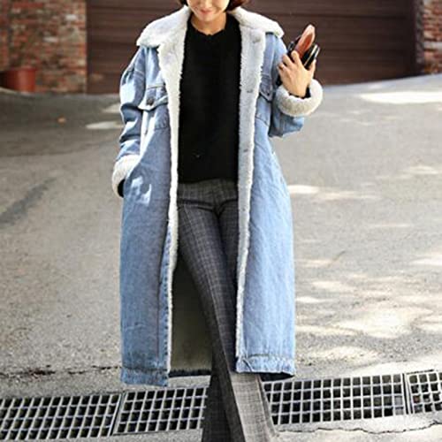 Color Blocking Jacket Winter Womens Jean Coat Thicken Warm Fleece Long Denim Coat Punk Gifts Senior Mom (Blue, Xxl) #TOP1
