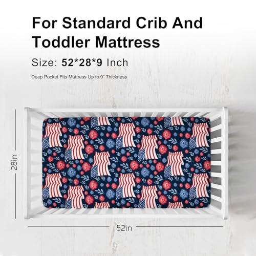Image of American Flag Blue Red Floral Baby Crib Sheets for Boys Girls 52 inchx28 inch Patriotic 4th of July Independence Day Soft Breathable Toddler Nursery Bed Sheet for Standard Crib and Toddler Mattresses Navy