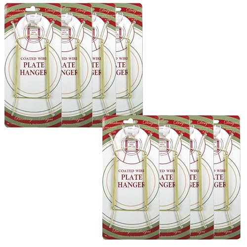 Brass Vinyl Coated Plate Hangers for 14-20 Inch Plates - Set of 8 - Heavy Duty Adjustable Wall Plate Hanger - Clear Vinyl Protective Tips - Includes Hooks & Nails