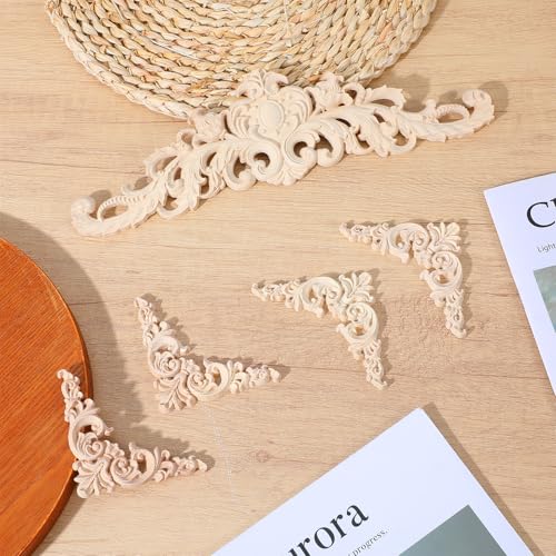 5 Stück Holz Ornamente Stuckleisten Wand Ornamente für Möbel Ecke Onlay Applique Möbe Geschnitzt Corner Holzornamente für Möbel 30 x 8 cm Holzschnitzerei Applikation