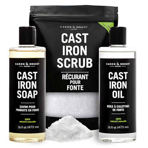 Image of CARON & DOUCET - Ultimate Cast Iron Set PLUS: Seasoning Oil, Cleaning Soap & Restoring Scrub | 100% Plant-Based & Best for Cleaning Care, Washing, Restoring & Seasoning Skillets, Pans & Grills!