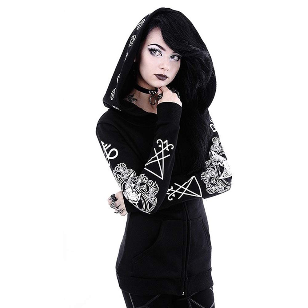 Tidec Women's Black D Punk Gothic Hoodies Tunic Sweatshirt Long Hoodie Sweatshirt Jacket Coat Outerwear Black (Tag 2XL(Uk 14), )