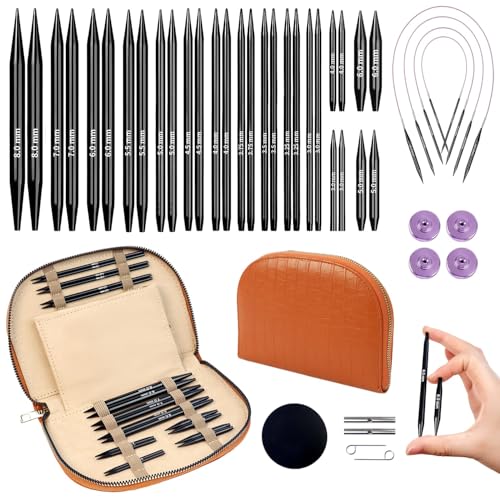 Image of Yarniss 15 Pairs Circular Knitting Needle Combo, 4.5-Inch Round Knitting Needle 3.0~8.0mm, 2.16-Inch Shorties Needles US Size 2.5-10, Interchangeable Aluminum Cable Needles with Case