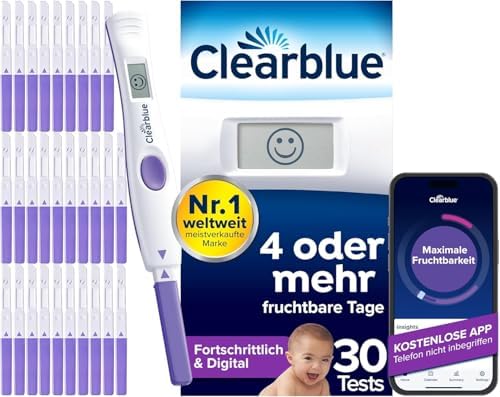Clearblue Ovulationstest Fortschrittlich & Digital, Doppelte Chancen, schwanger zu werden,1 Testhalterung Digital und 30 Ovulationstests, Teste die KOSTENLOSE Clearblue Perioden- &