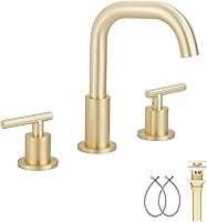 Vista 1 de GGStudy Caño giratorio de 360°, 2 asas, 3 agujeros, 8 pulgadas, grifo de lavabo de baño de oro cepillado a juego con drenaje desplegable