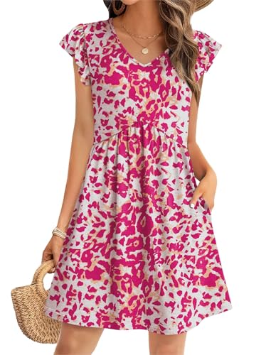 Image of OFEEFAN Summer Dresses for Women Beach Vacation Clothes V Neck Ruffle Sleeve Babydoll Dress Elegant Classy Sundress
