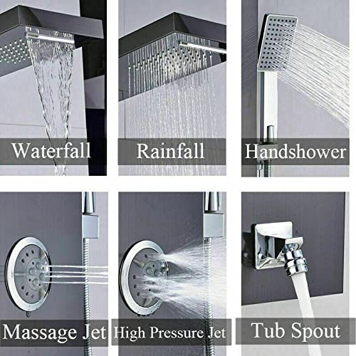 Stainless Steel LED Shower Panel Tower rain Waterfall Massage Nozzle System Mixer Shower Column-Black 1039 miniatura 3