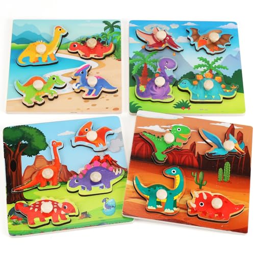 Wooden Dinosaur Peg Puzzles for Toddlers (Set of 4)