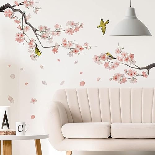 Miniatura 3 de Runtoo Calcomanías artísticas de pared con flores de cerezo, ramas de pájaros, calcomanías de pared florales para sala de estar, dormitorio de