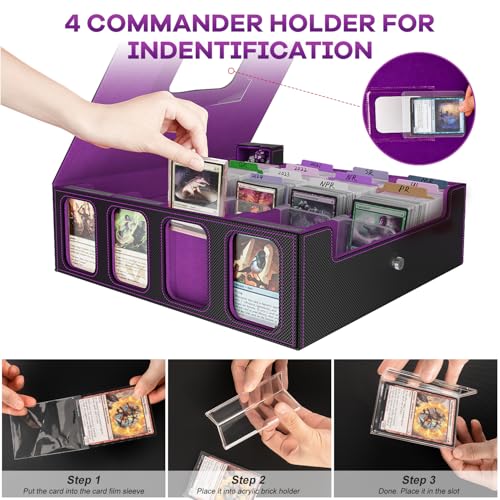 Image of Trading Card Storage Box - 3200+ MTG Deck Box with Commander Display & Portable Handle, 4-Row Card Case Compatible for MTG /TCG /Magic Cards, 30 Colorful Divider, 8 Card Supporters (Black & Purple)