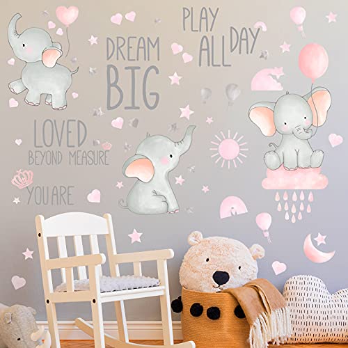 Image of Outus 7 Pcs Dream Big Little One Elephant Nursery Wall Stickers Wall Decor Baby Room Moon Hot Air Balloon Pink Grey Stars Decals for Kids Living Room Bedroom Decorations Home Decor