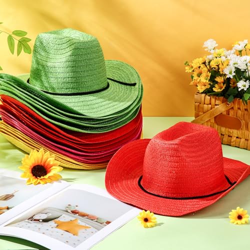 Image of Hercicy 24 Pcs Straw Cowboy Hats Cowgirl Party Multicolored Cowboy Hats Bulk Colorful Western Style Country Accessories for Men Women Cowgirl, Concerts, Birthday