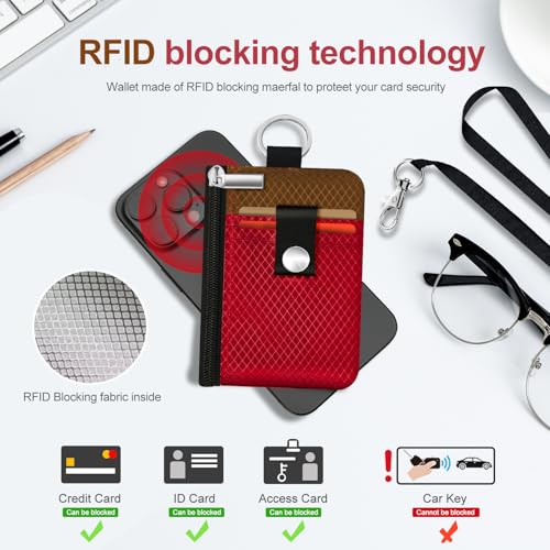 Image of Minimalist RFID Blocking Small Wallet with ID Window,WaterResistant Zip Id Case Wallet with Lanyard Keychain for Cards,Cash,Travel,Women,Men (Red /Brown)