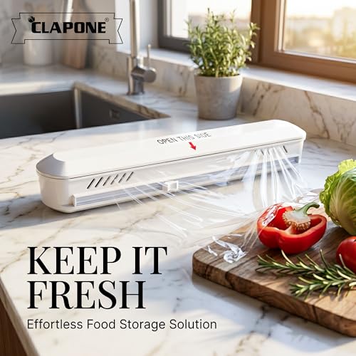 Image of Foil Paper Cutter and Holder Aluminium Foil and Plastic Wrap Organizer with Paper Towel Holder Compatible with Cling Film Tin Foil and Wax Paper Plastic Wrap Dispenser Cutter (White, Single Layer)