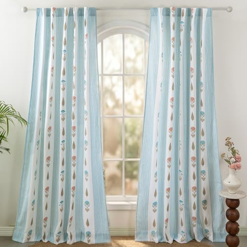 Image of Tranquebar Curtain Co. Window Curtains 5 Feet, 60-65% Room Darkening,Blue-Pink Floral Print, Cotton Curtains for Window, Cotton Curtains 5 Feet Long Set of 2, BackTab Loops,Reva (152 cm) - Set of 2